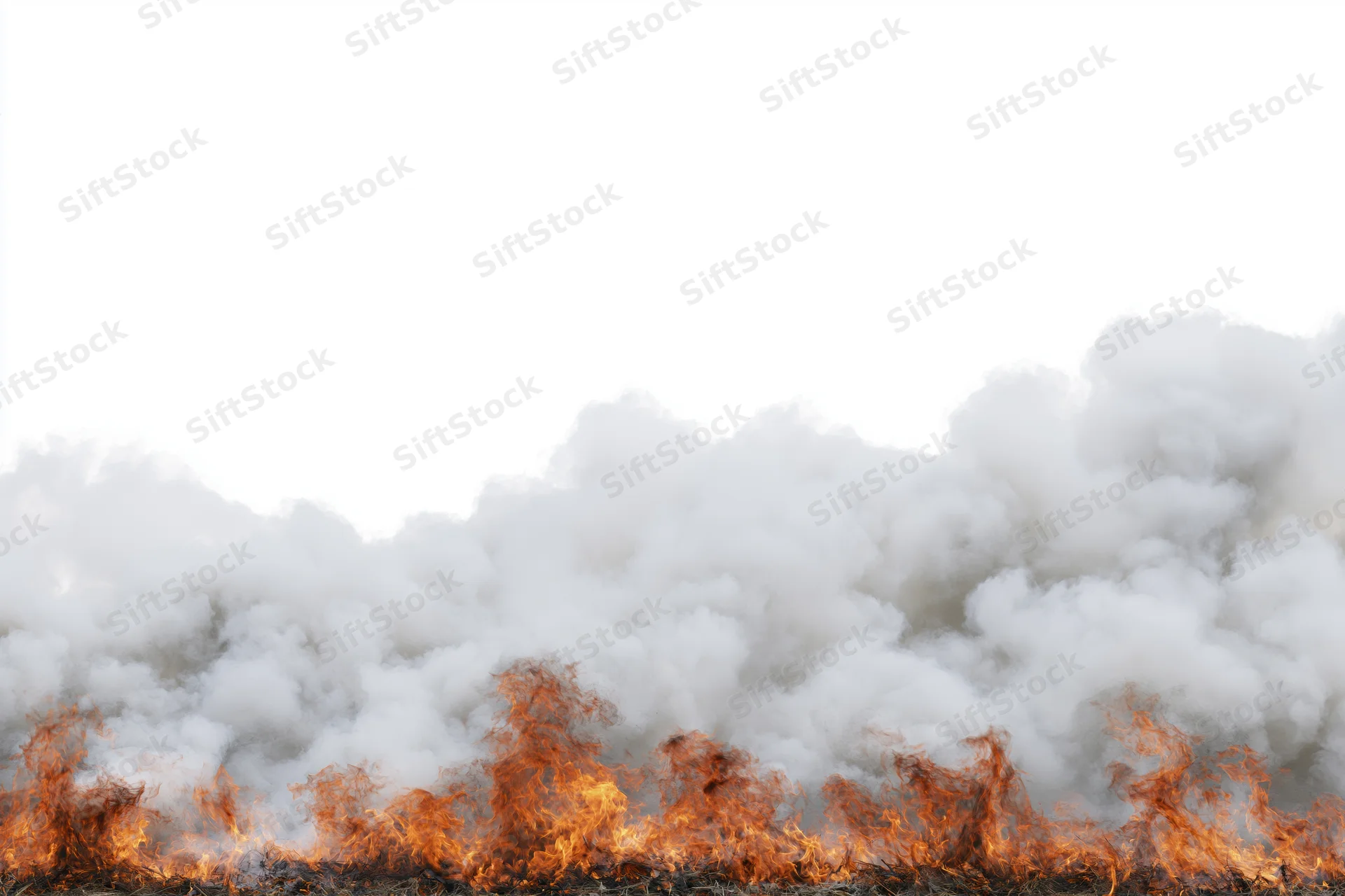 Row of open flames and billowing smoke rising from the bottom against white background
