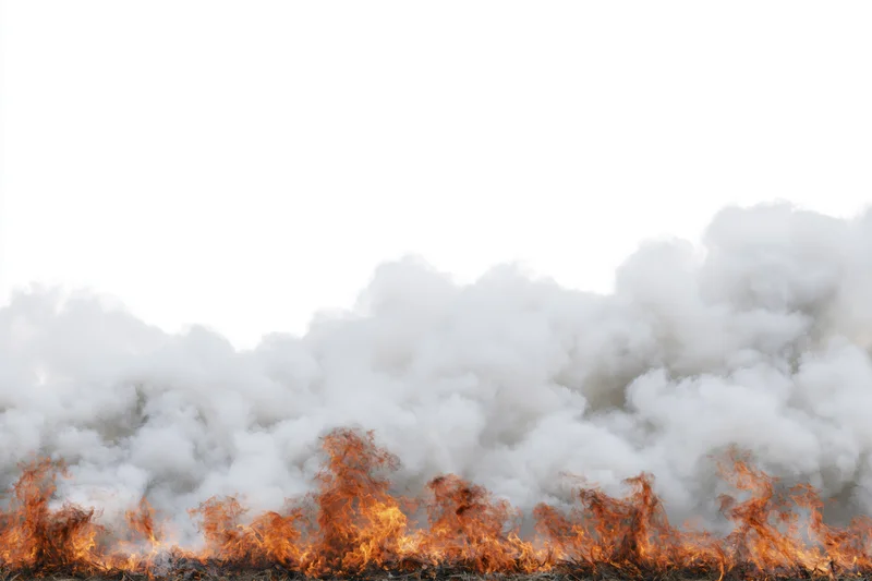Row of open flames and billowing smoke rising from the bottom against white background