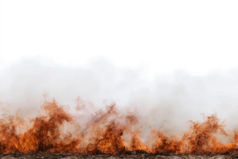 Row of open flames and billowing smoke rising from the bottom against a white background