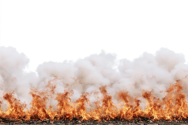 Row of flames and rising smoke along the bottom edge against a white background