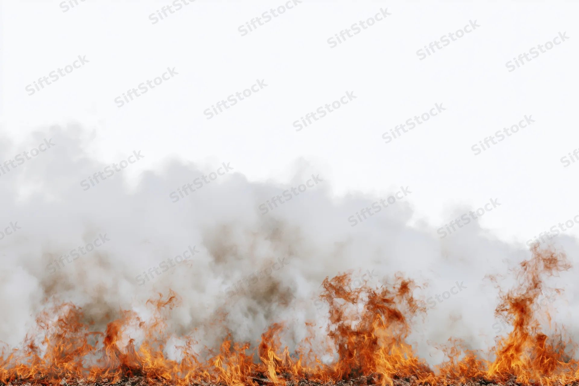 Row of open flames and billowing smoke rising from the bottom against white background