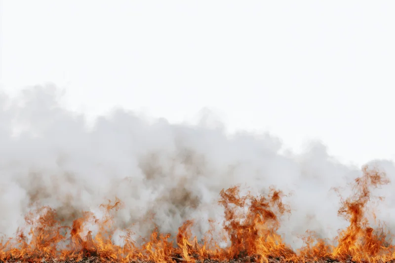 Row of open flames and billowing smoke rising from the bottom against white background