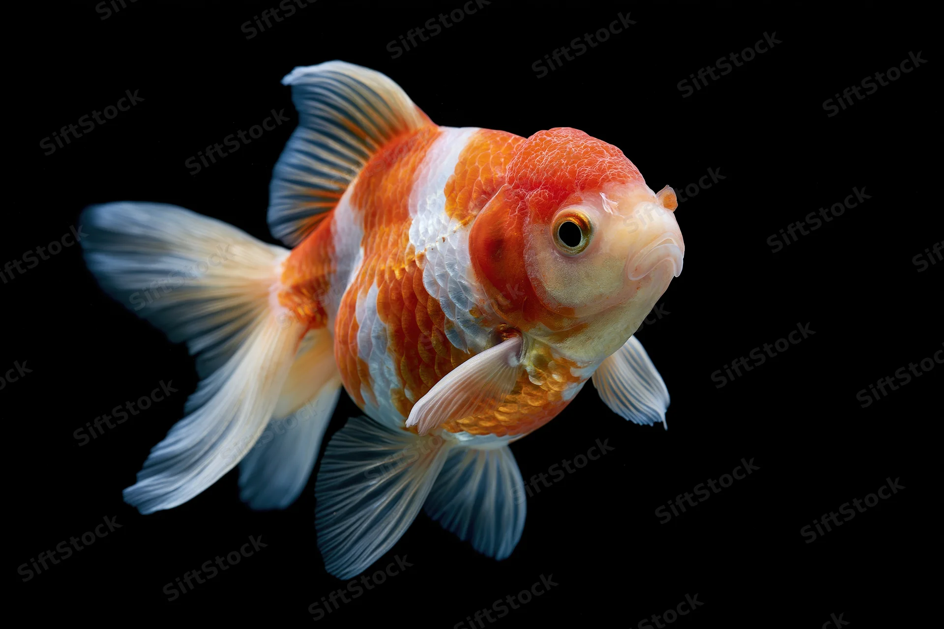 Ryukin fancy goldfish swimming mid-frame isolated against black background