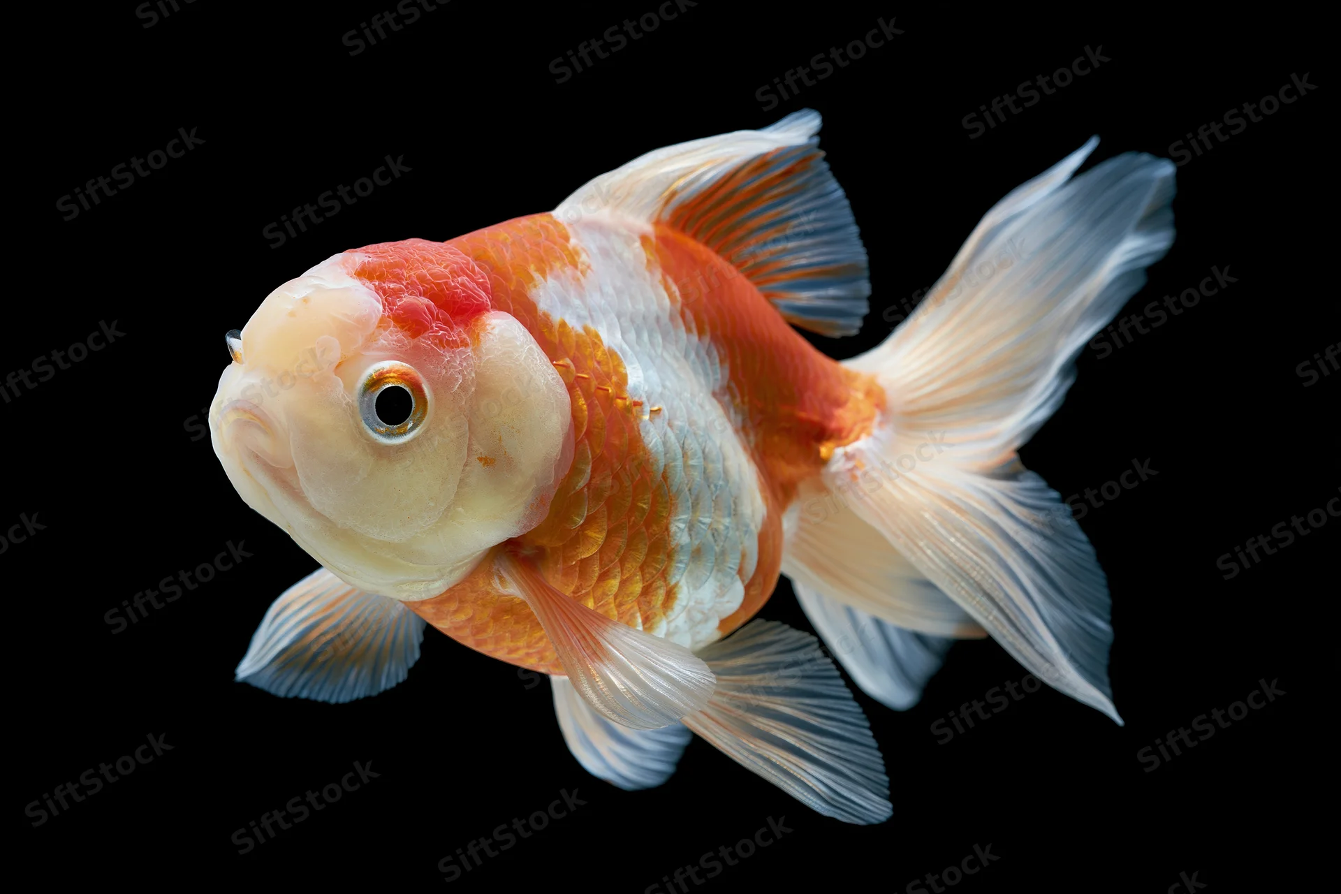 Ryukin fancy goldfish swimming mid-frame isolated against black background