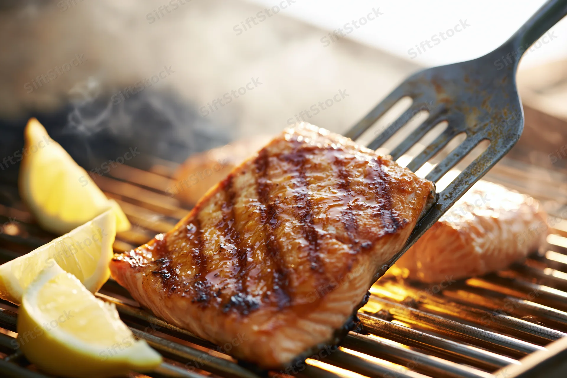 Grilled salmon fillet being lifted with a metal spatula on a barbecue grill with lemon wedges nearby
