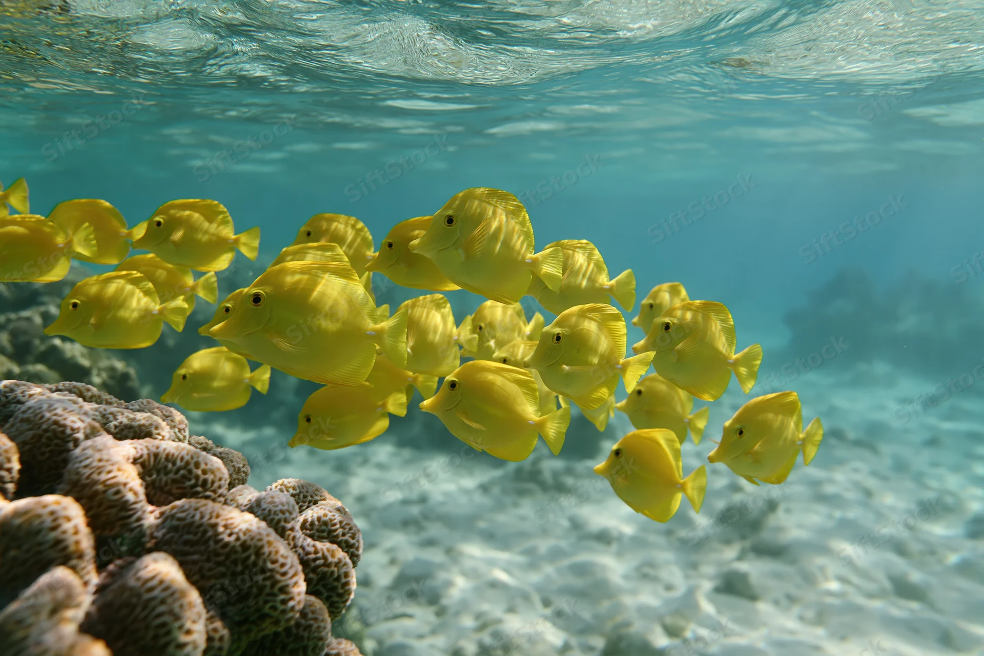 School of yellow tang fish swimming in loose formation past a coral reef underwater
