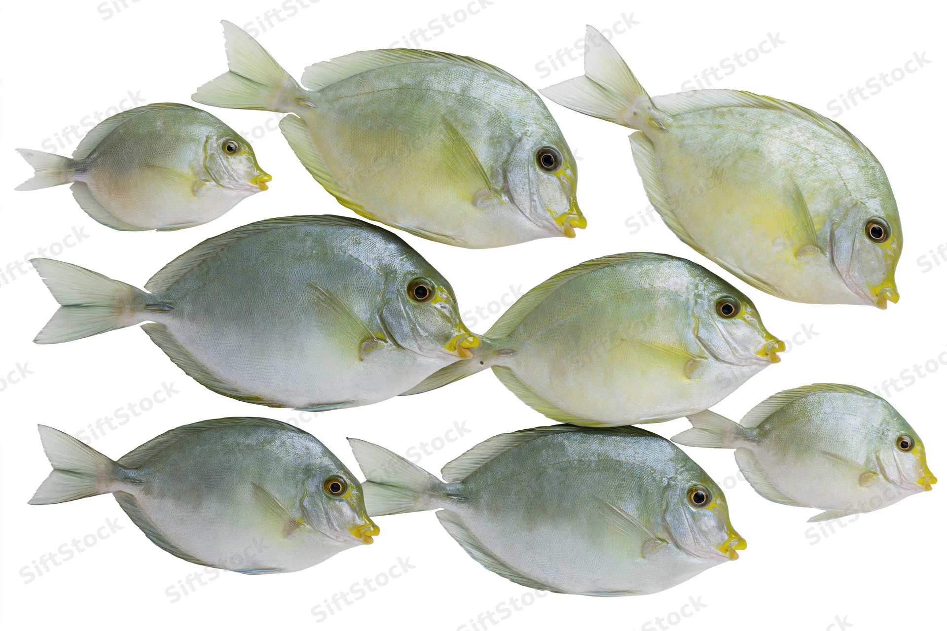 Seven surgeonfish arranged in a loose school against a white background