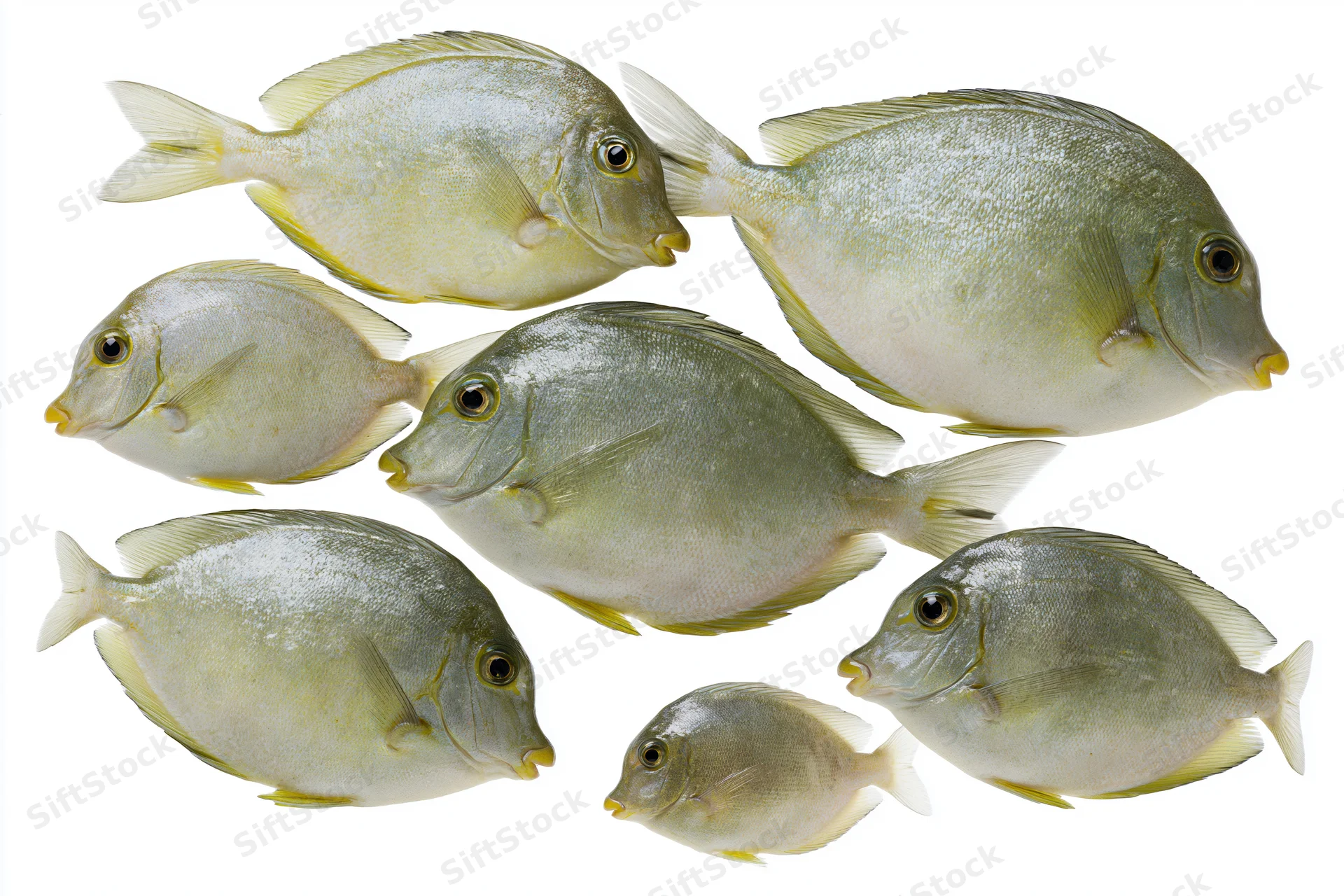 Seven surgeonfish arranged in a loose school against white background