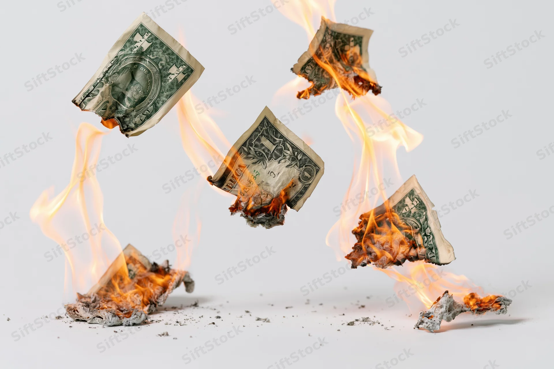 Burning one-dollar bills suspended in mid-air with flames and ash against a white background