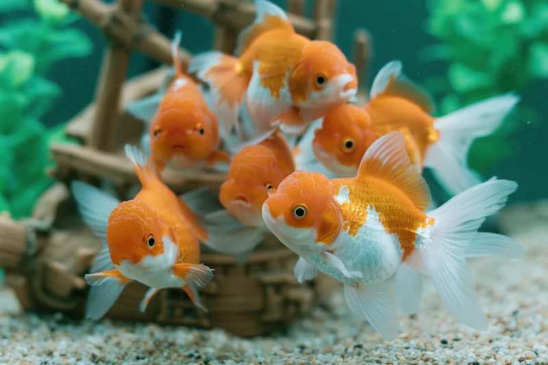 Orange and white goldfish swimming in a home aquarium with bamboo decoration and gravel substrate