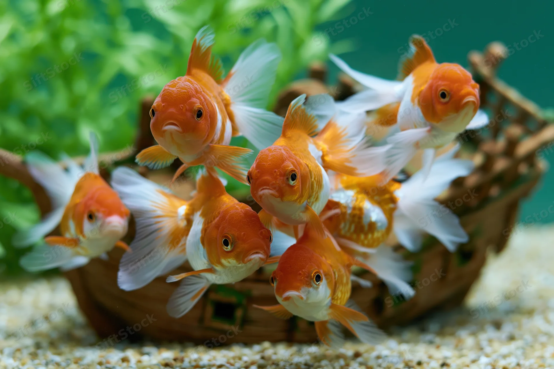 Orange and white goldfish swimming in a home aquarium with gravel and green plants around a ceramic bowl decoration