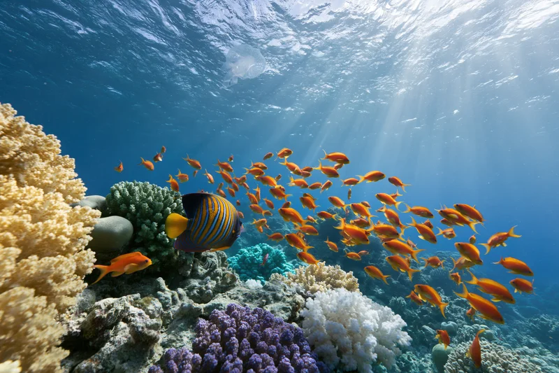 Regal angelfish swimming near colorful coral formations in shallow reef waters with sunlight filtering through surface