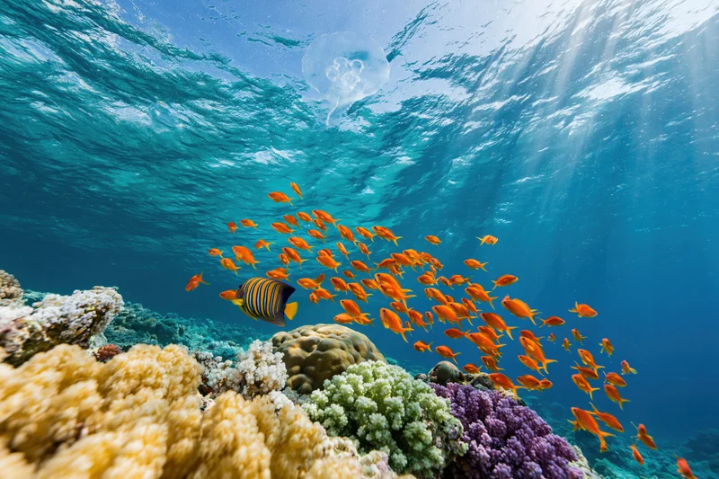 School of orange fish swimming over colorful coral reef underwater with sunlight filtering through water surface