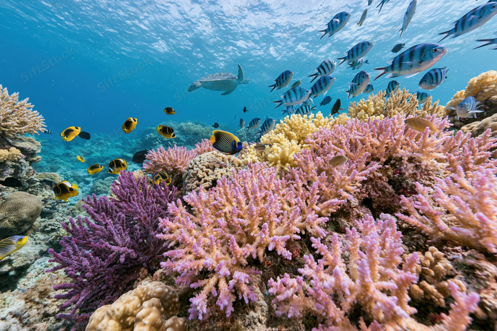 Colorful coral reef with tropical fish swimming underwater in shallow ocean