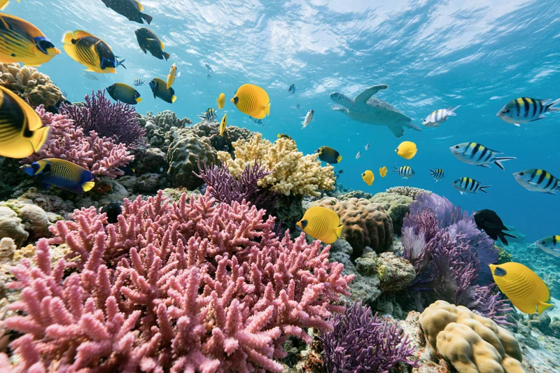 Vibrant coral reef with tropical fish and sea turtle swimming in shallow ocean water
