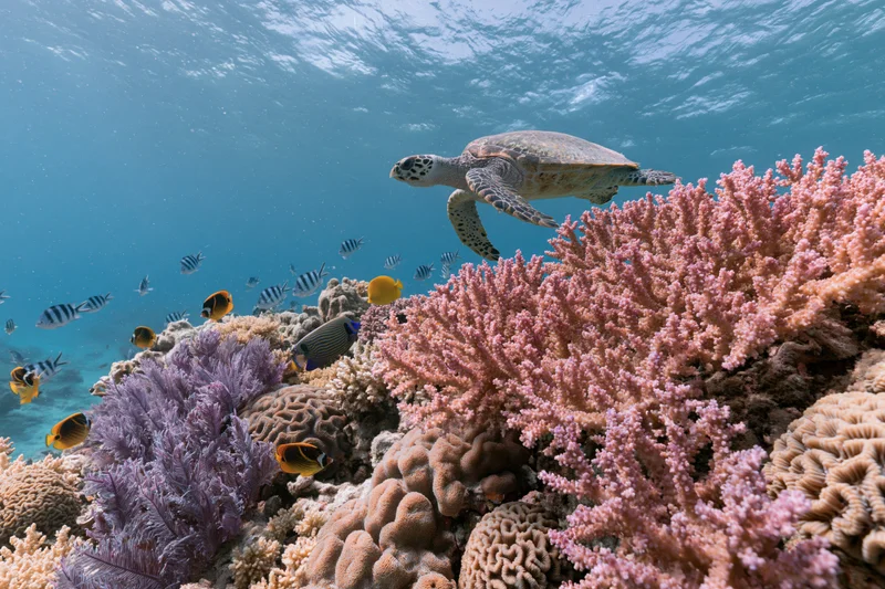 Sea turtle swimming over colorful coral reef with tropical fish in shallow ocean water