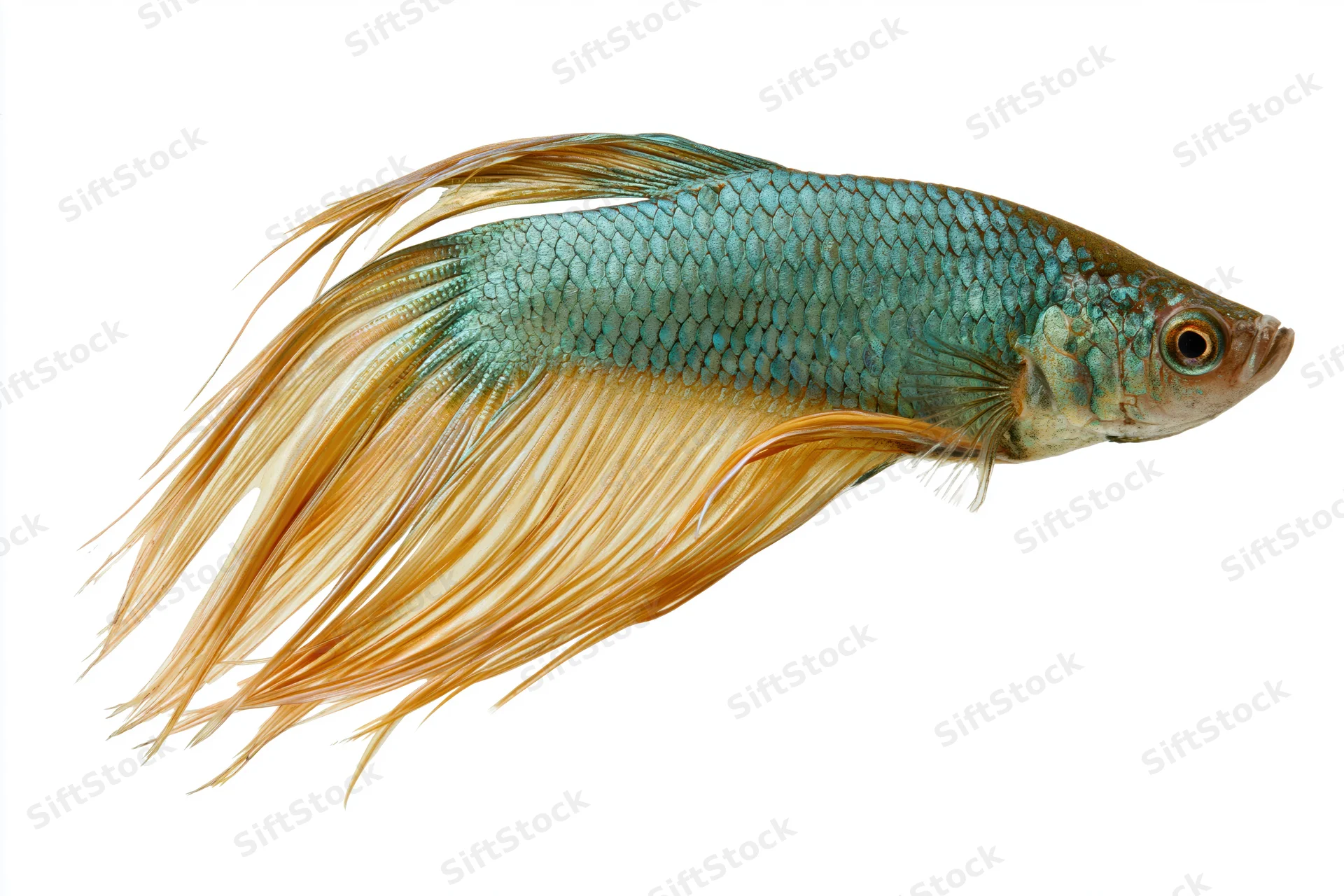 Siamese fighting fish swimming mid-frame isolated against white background