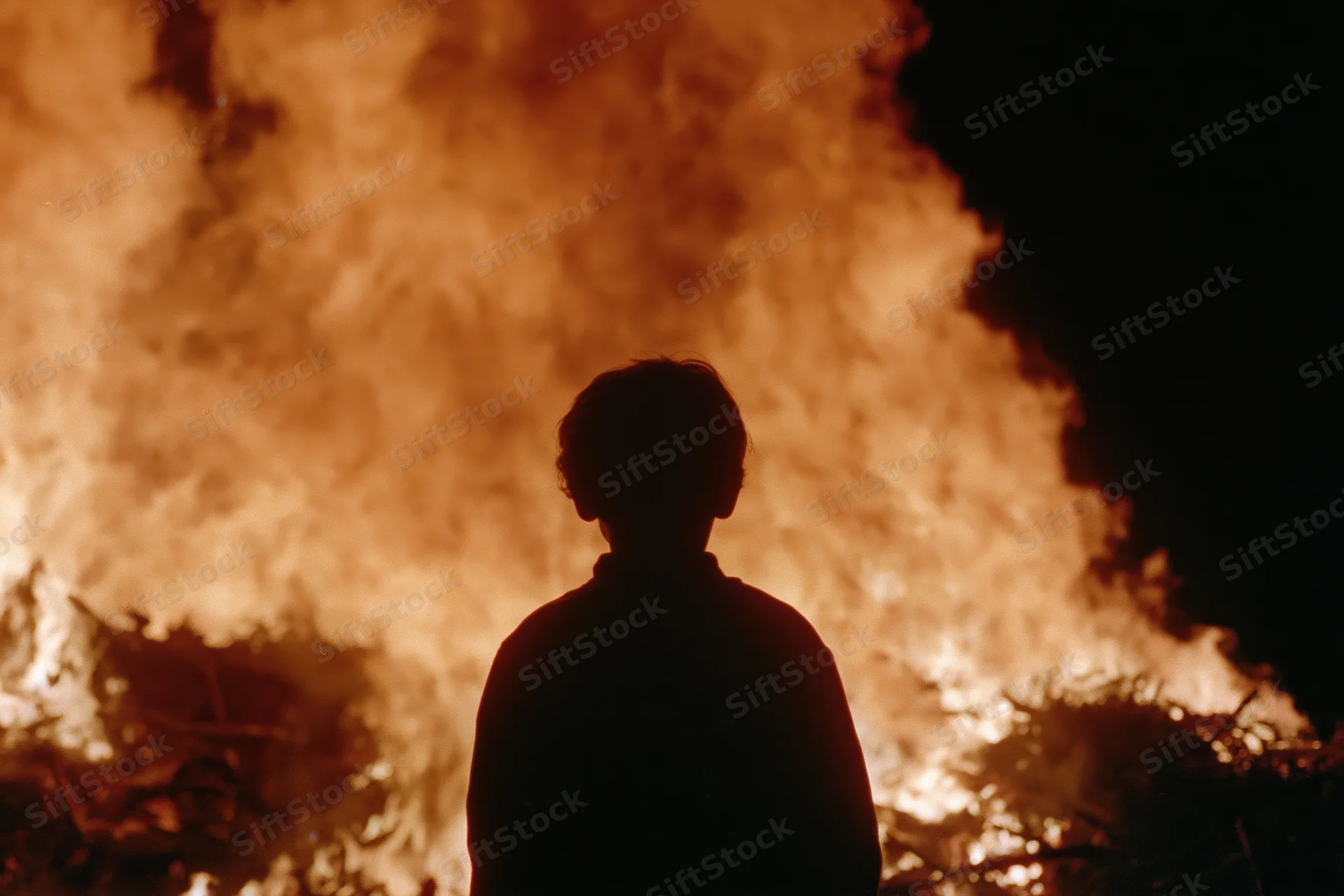 Silhouette of a child standing still facing a massive fire at night