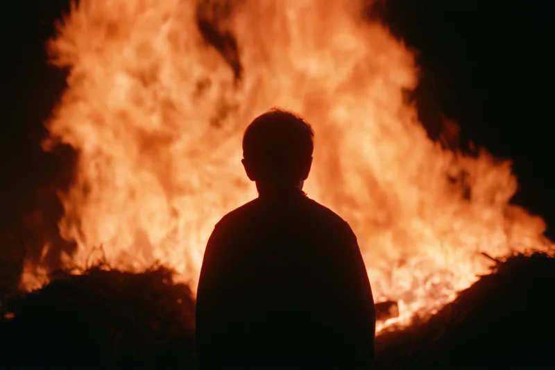 Silhouette of a young child standing still facing a massive fire at night