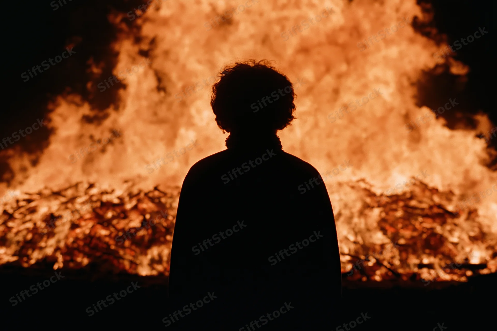 Silhouette of a child standing still facing a massive bonfire at night