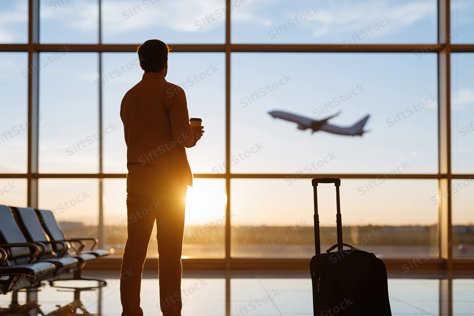 Silhouetted man holding coffee and standing by airport window watching airplane take off at sunset
