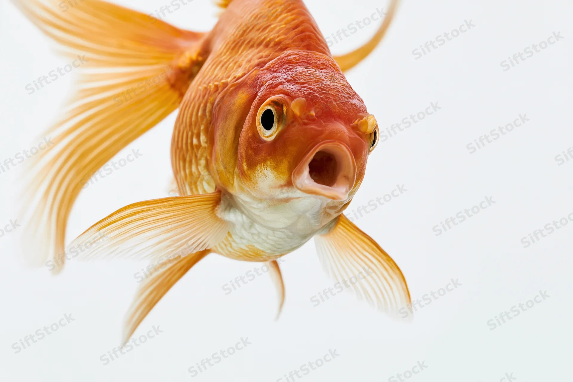 Fancy goldfish swimming toward camera with open mouth against white background