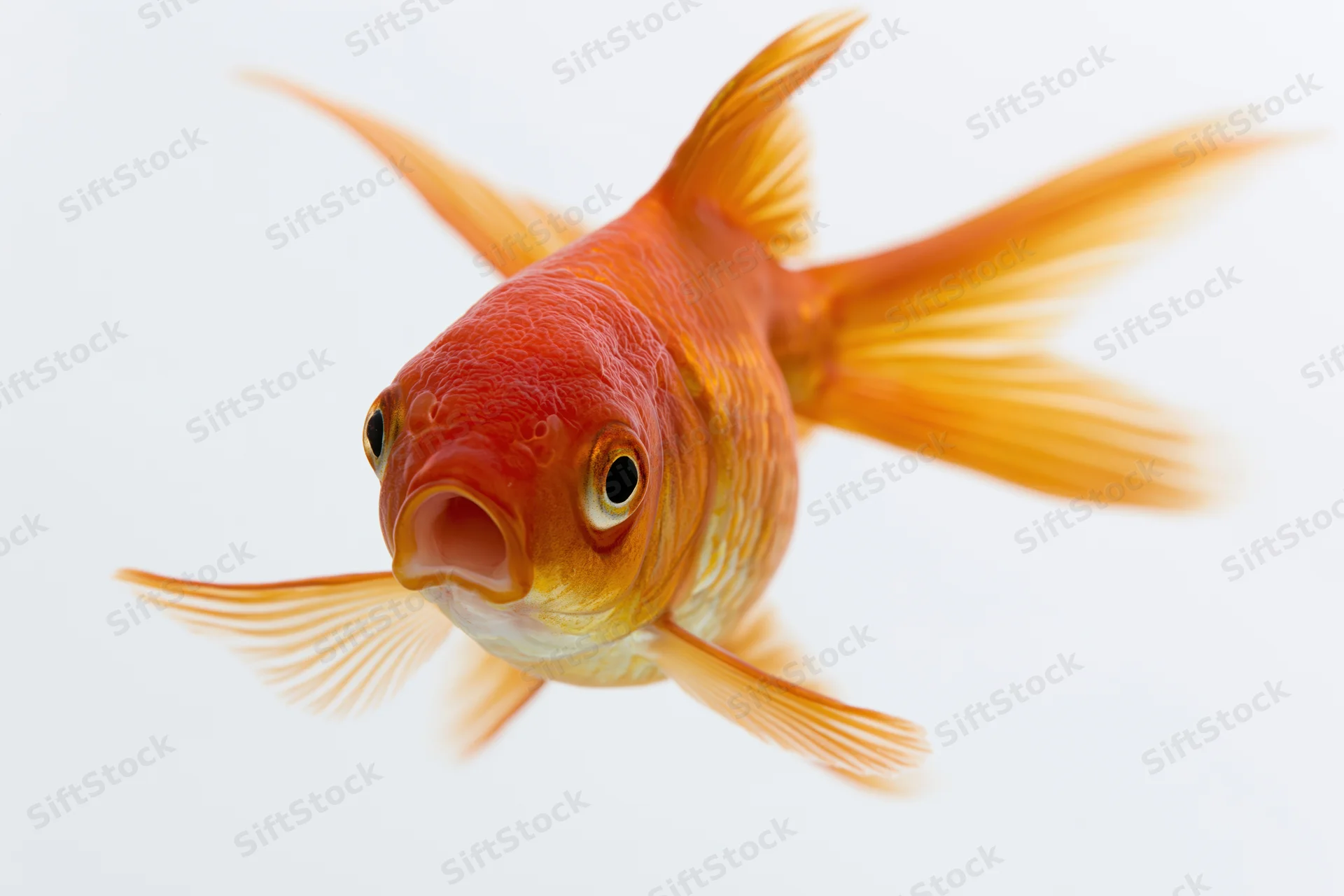 Fancy goldfish swimming toward camera with mouth slightly open against white background
