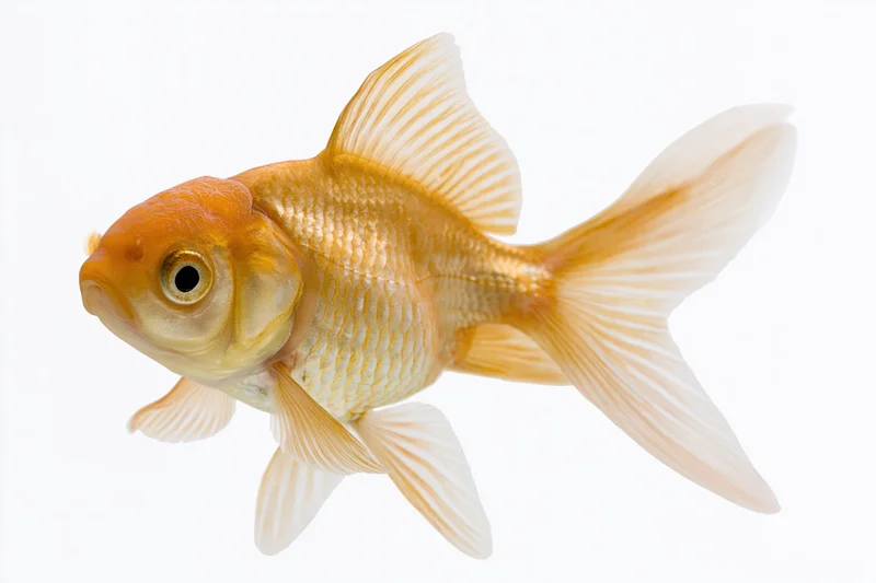 Fantail goldfish swimming mid-frame isolated against white background