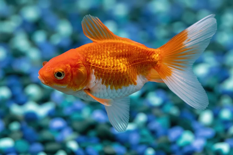 Orange and white fantail goldfish swimming midwater in a home aquarium with blue pebbles in background