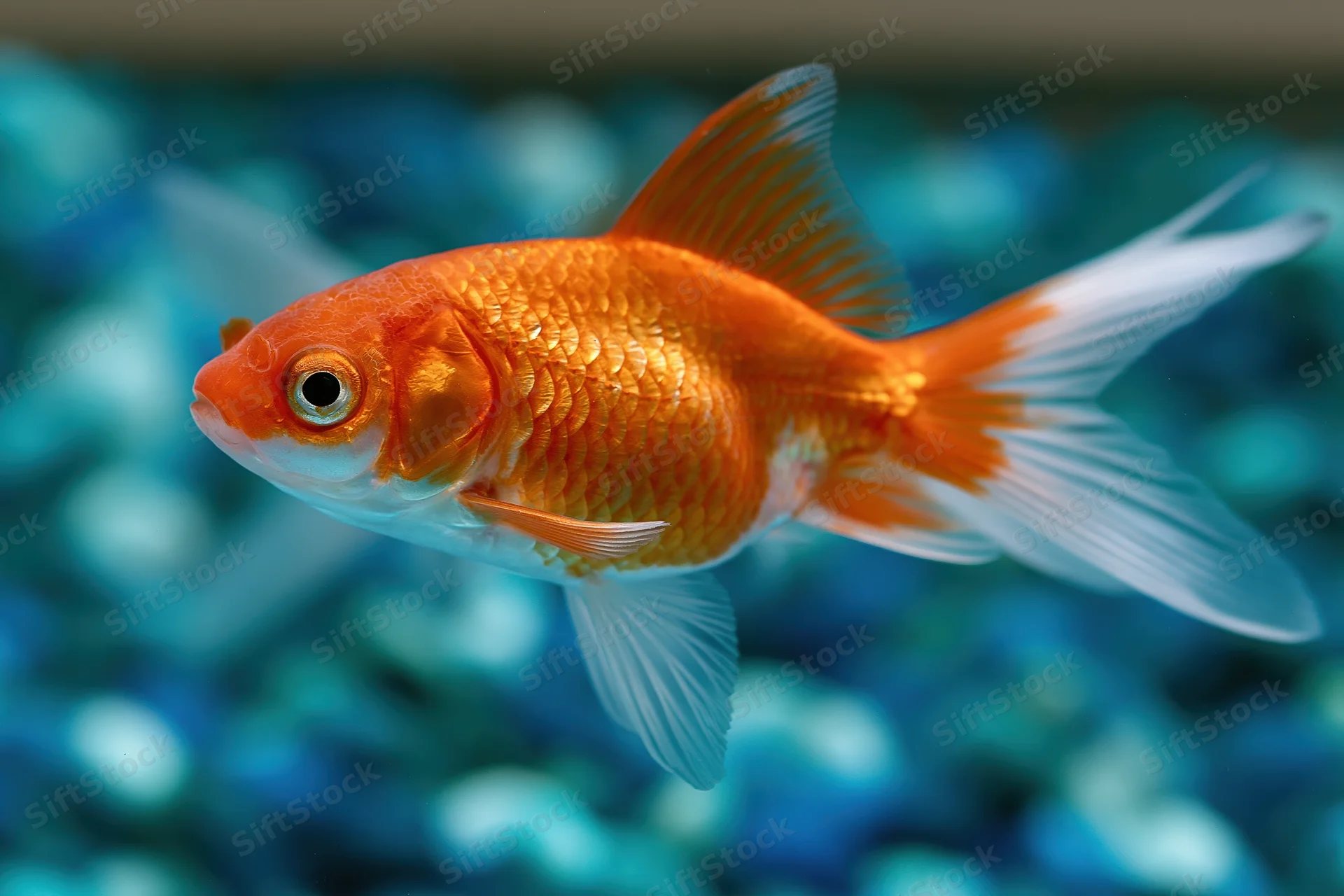 Orange and white fantail goldfish swimming mid-water in a home aquarium
