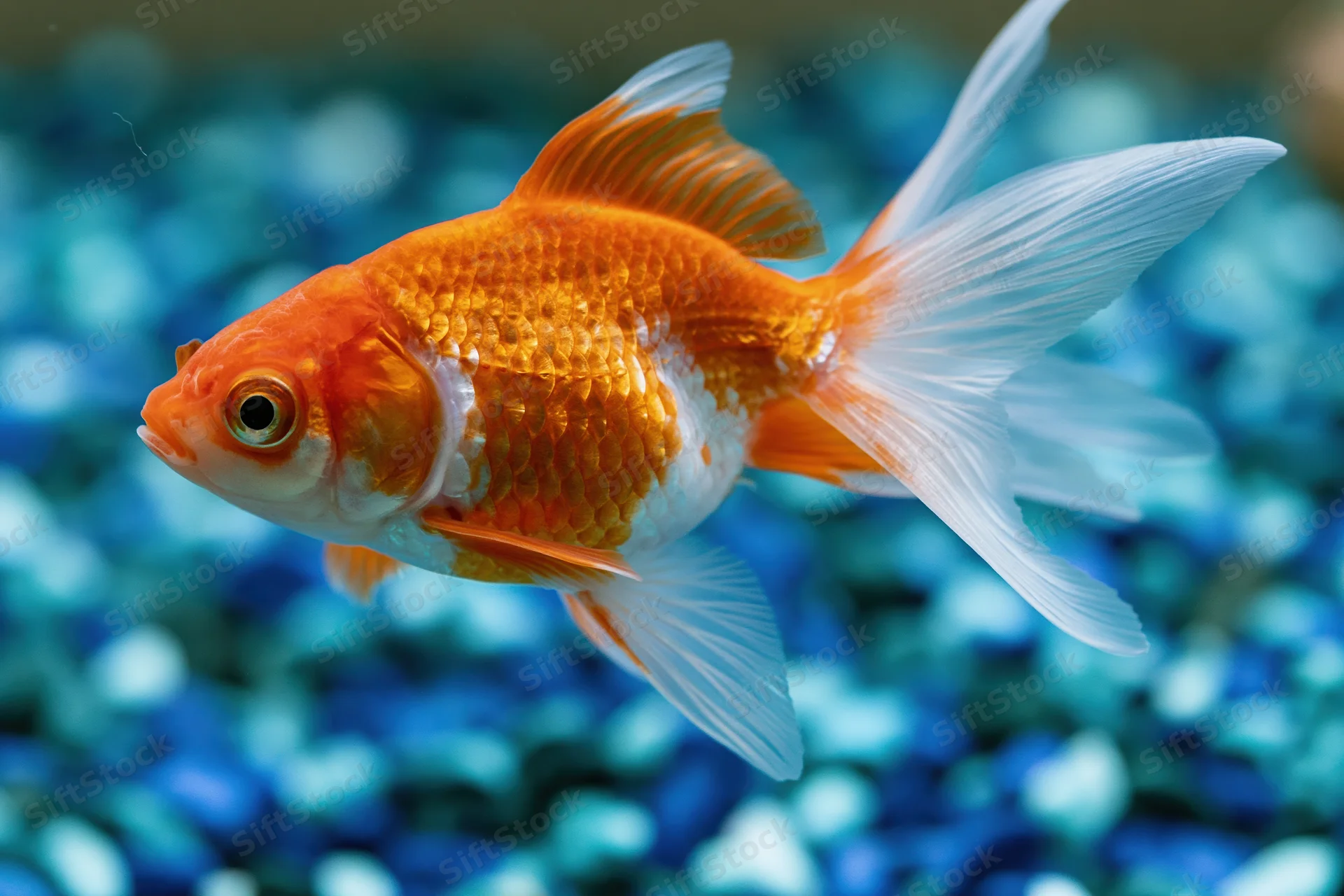 Orange and white fantail goldfish swimming mid-water in a home aquarium with blue gravel background