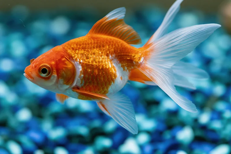 Orange and white fantail goldfish swimming mid-water in a home aquarium with blue gravel background