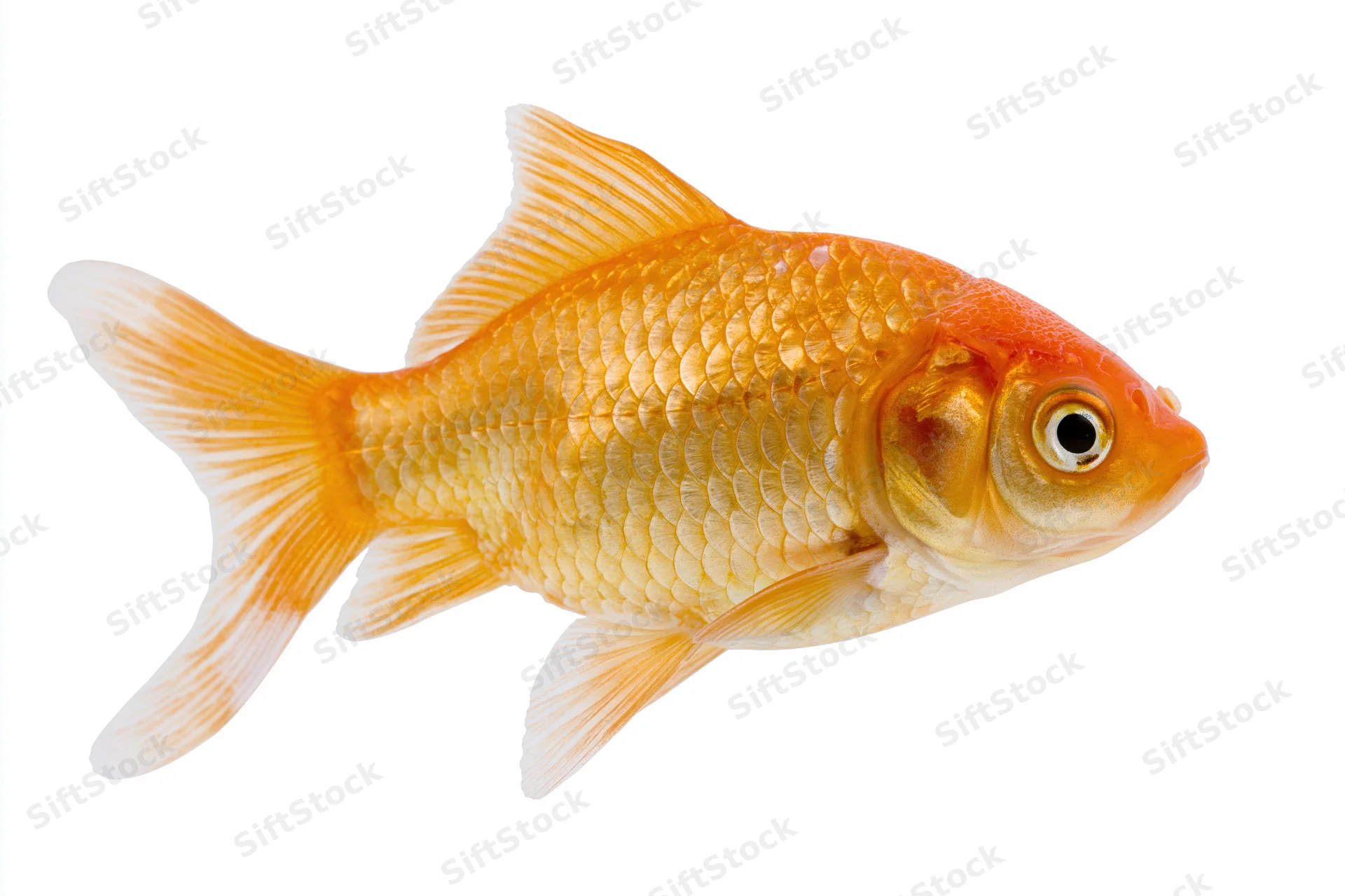 Goldfish swimming in profile view isolated on white background