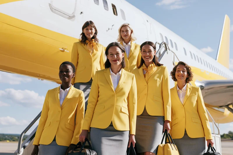 Six flight attendants in yellow blazers standing on airplane stairs at airport