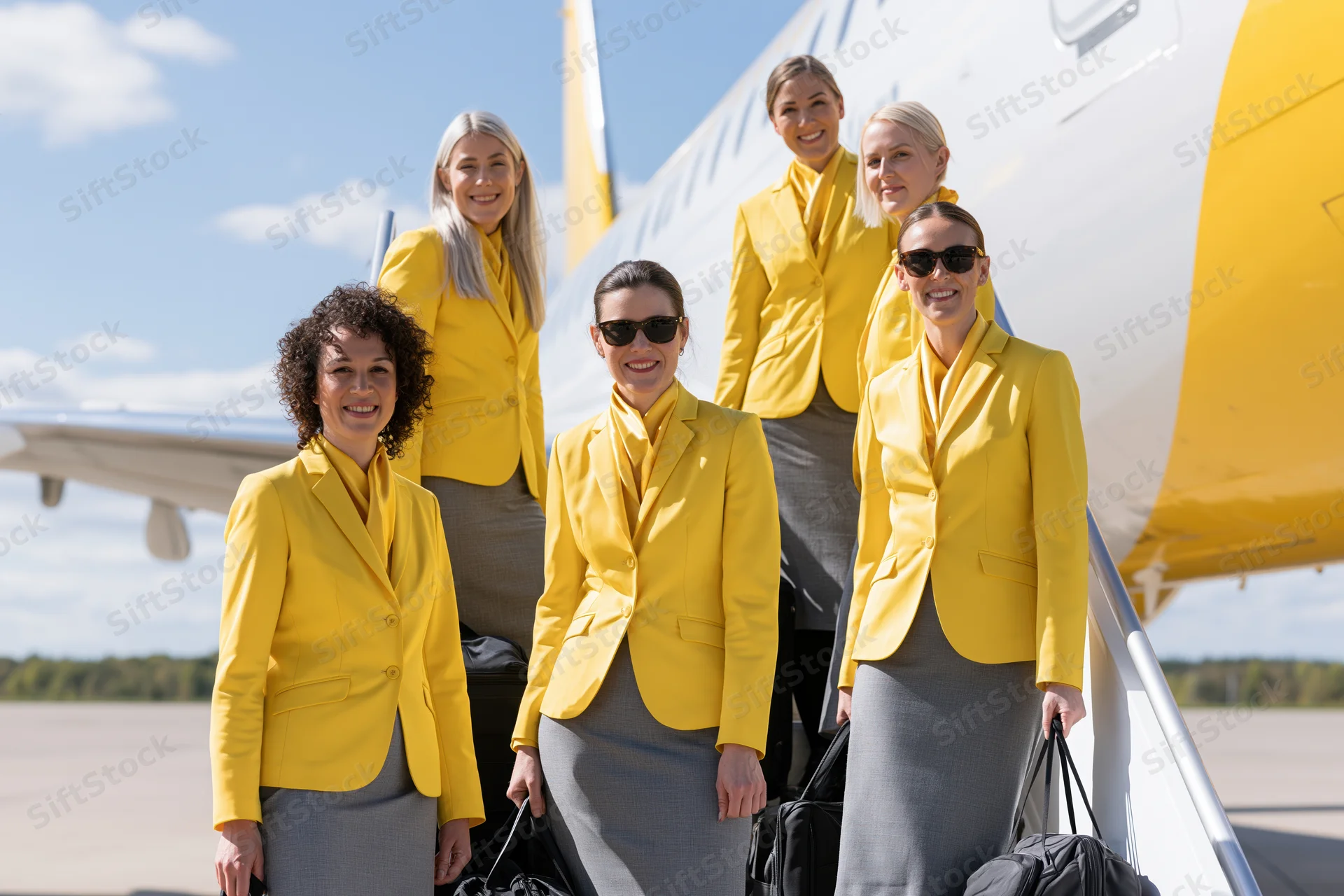 Six flight attendants in yellow blazers and grey skirts standing on tarmac beside airplane smiling at camera