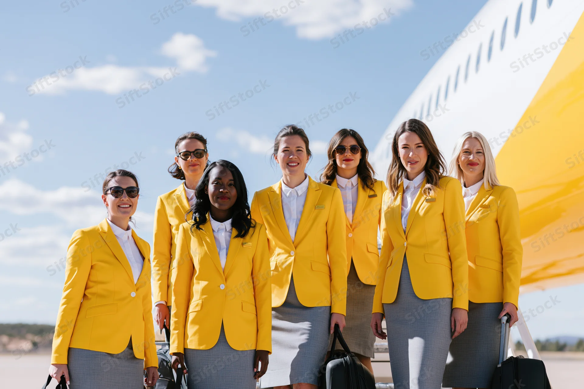 Six flight attendants in yellow blazers standing together on tarmac near airplane