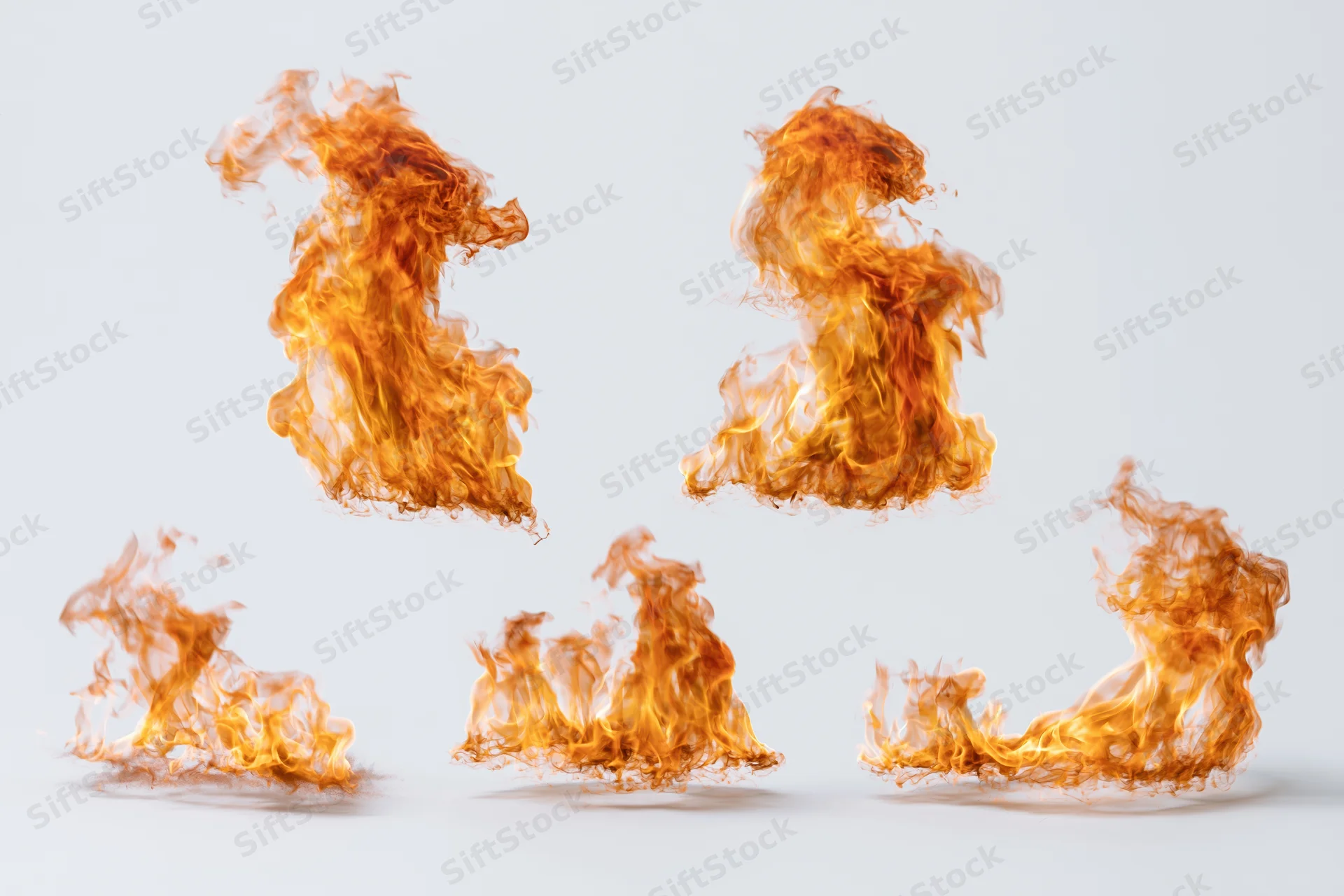 Six fire flames arranged in a grid on a white background