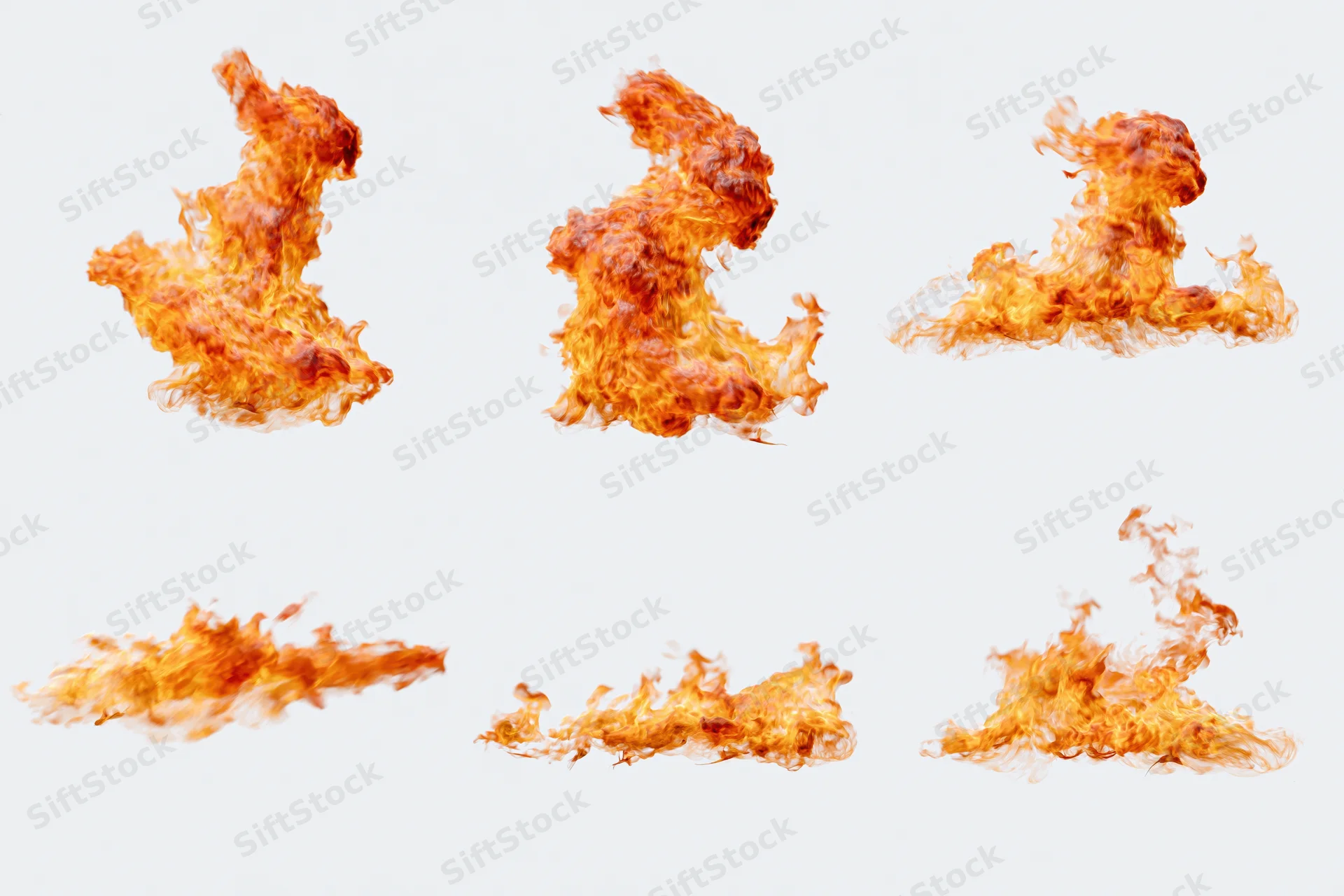 Six fire flames arranged in a grid on a white background