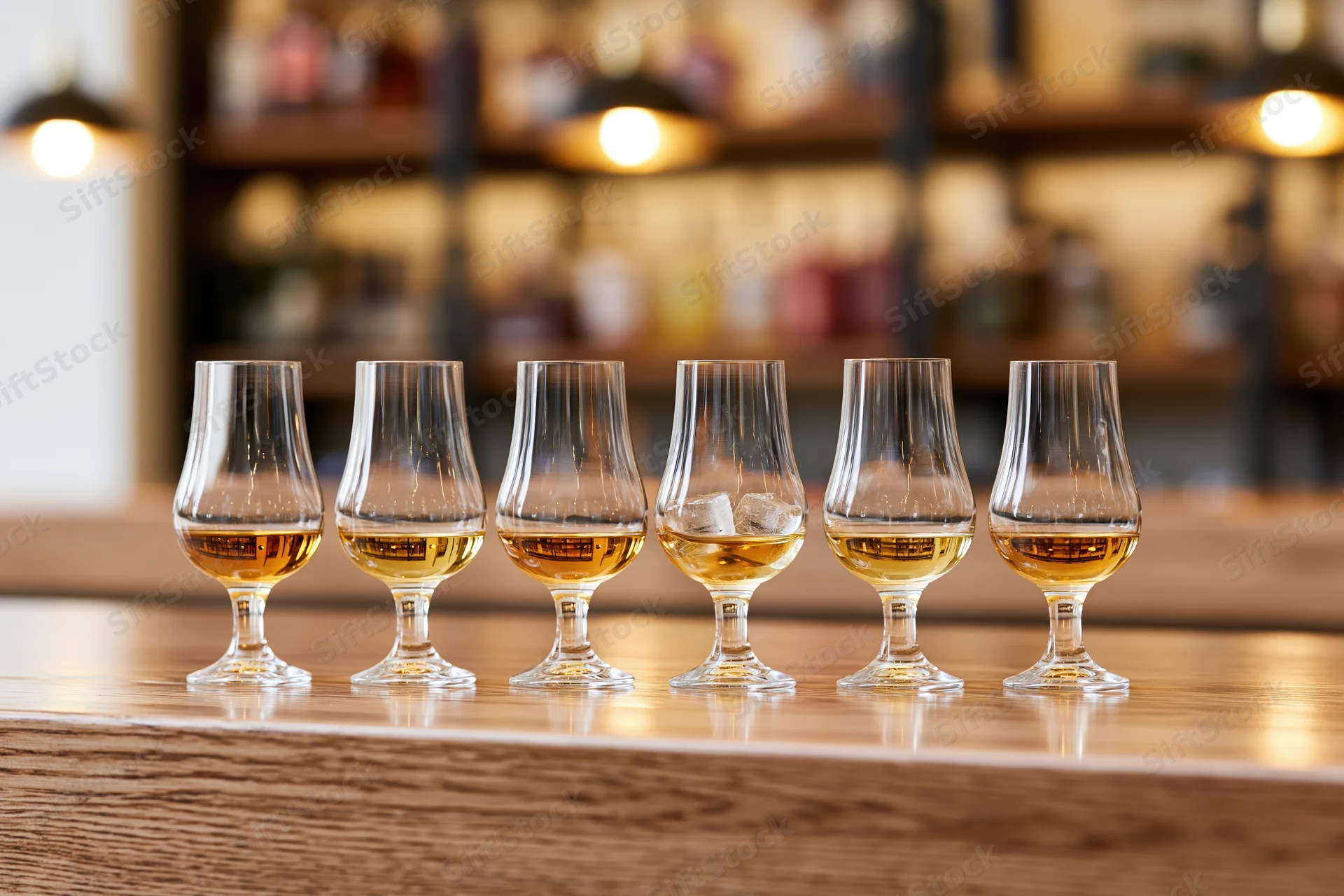 Six tulip-shaped whisky tasting glasses lined up in a row on a wooden bar counter with warm ambient lighting and blurred shelves in the background