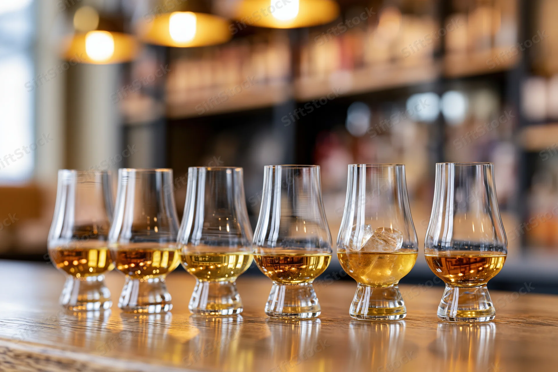 Six tulip-shaped whisky tasting glasses lined up in a row on a wooden bar table