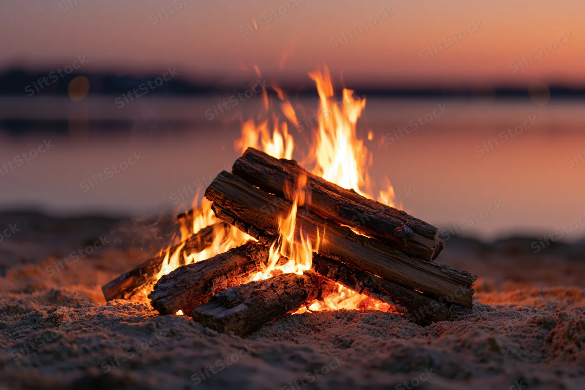 Campfire burning on sandy lakeshore at twilight
