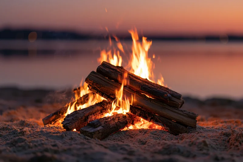 Campfire burning on sandy lakeshore at twilight