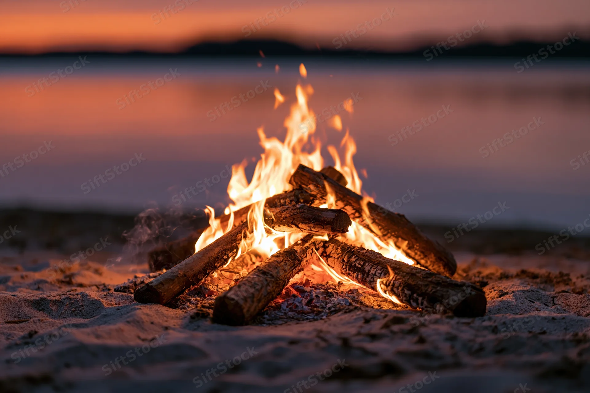 Campfire burning on sandy lakeshore at twilight
