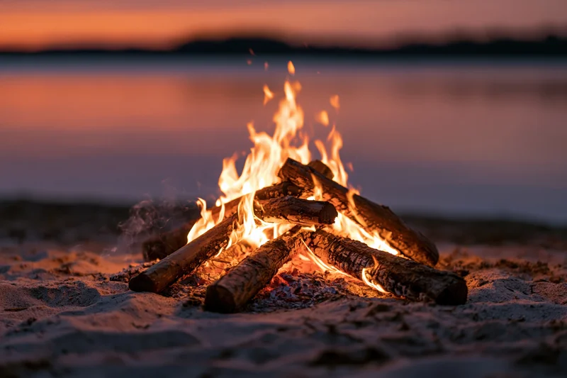 Campfire burning on sandy lakeshore at twilight
