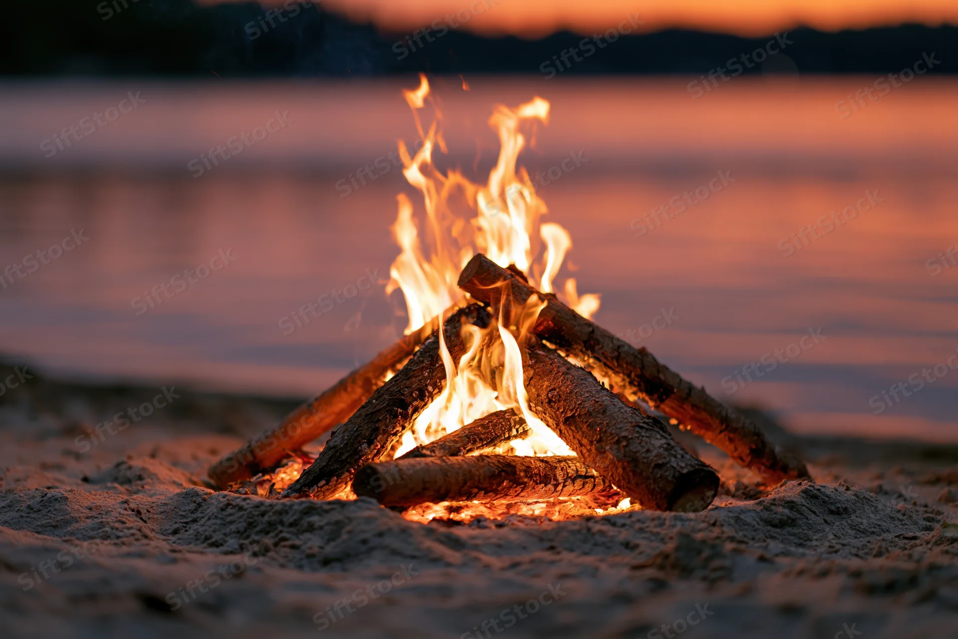 Campfire burning on sandy lakeshore at sunset