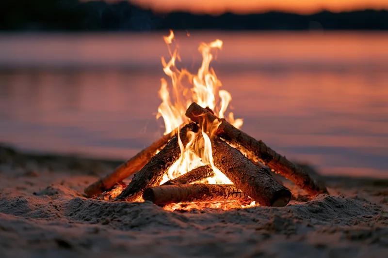 Campfire burning on sandy lakeshore at sunset