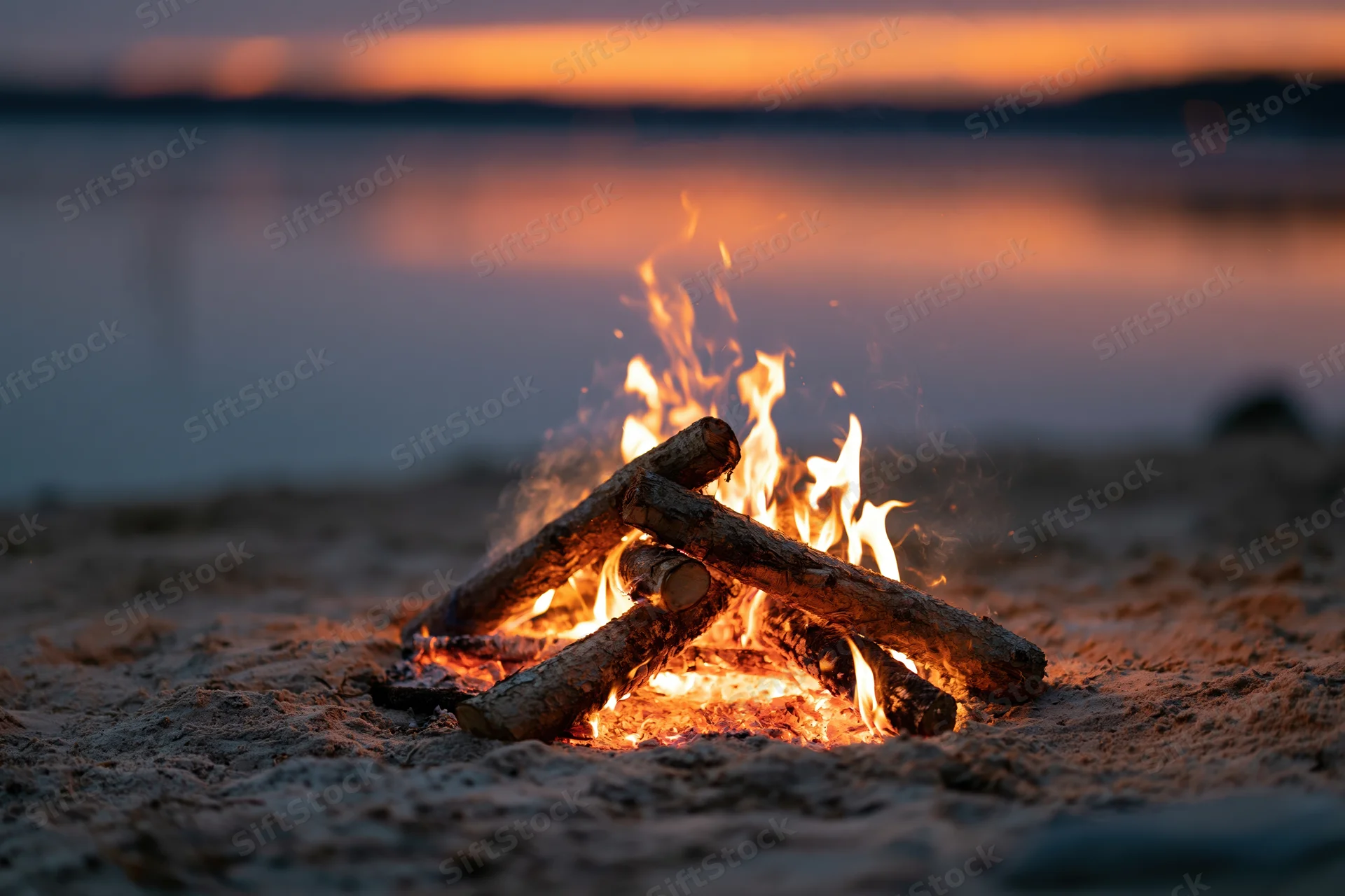 Small campfire burning on sandy lakeshore at sunset