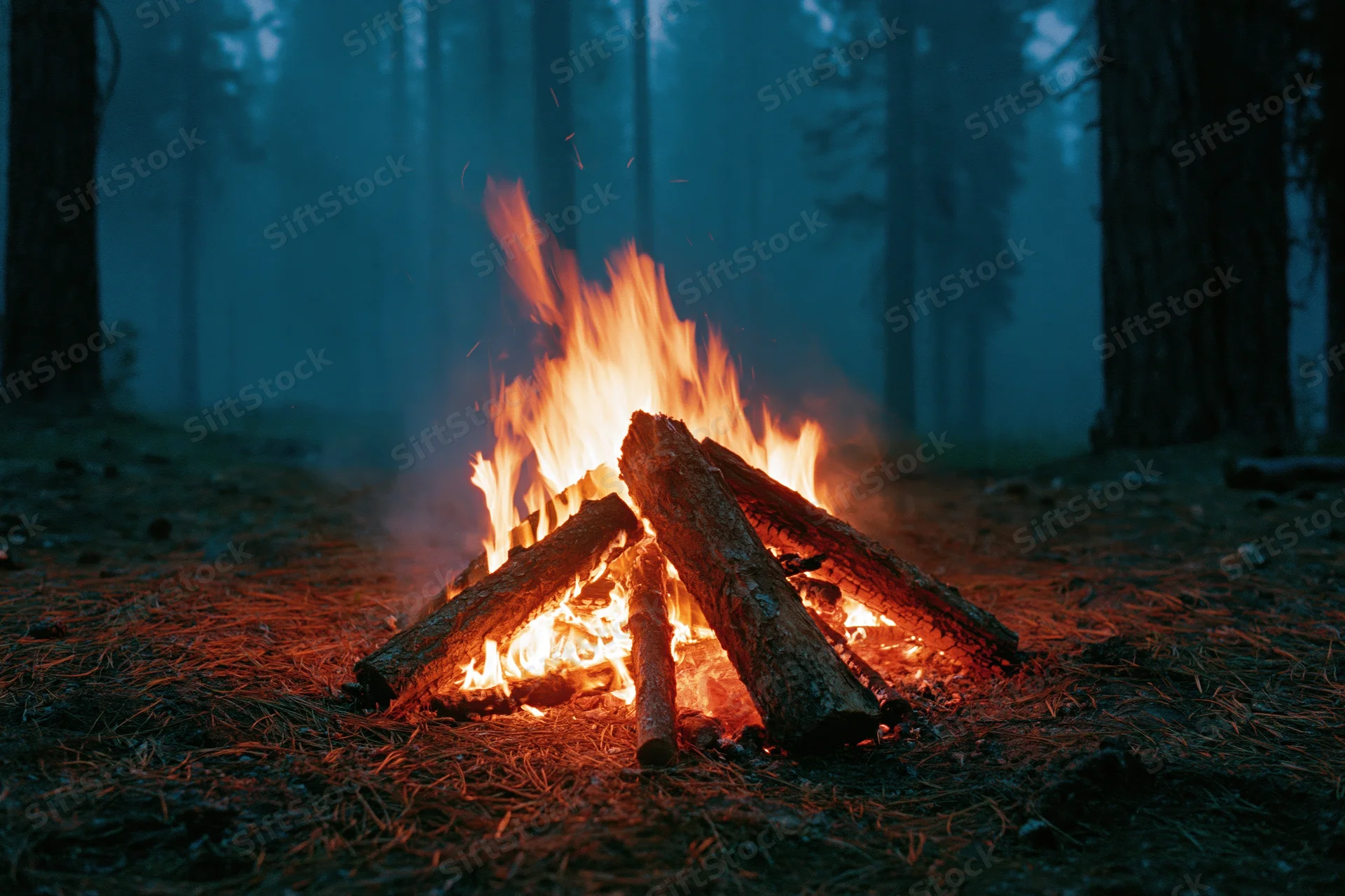 Campfire burning on forest floor at night with stacked logs and glowing flames