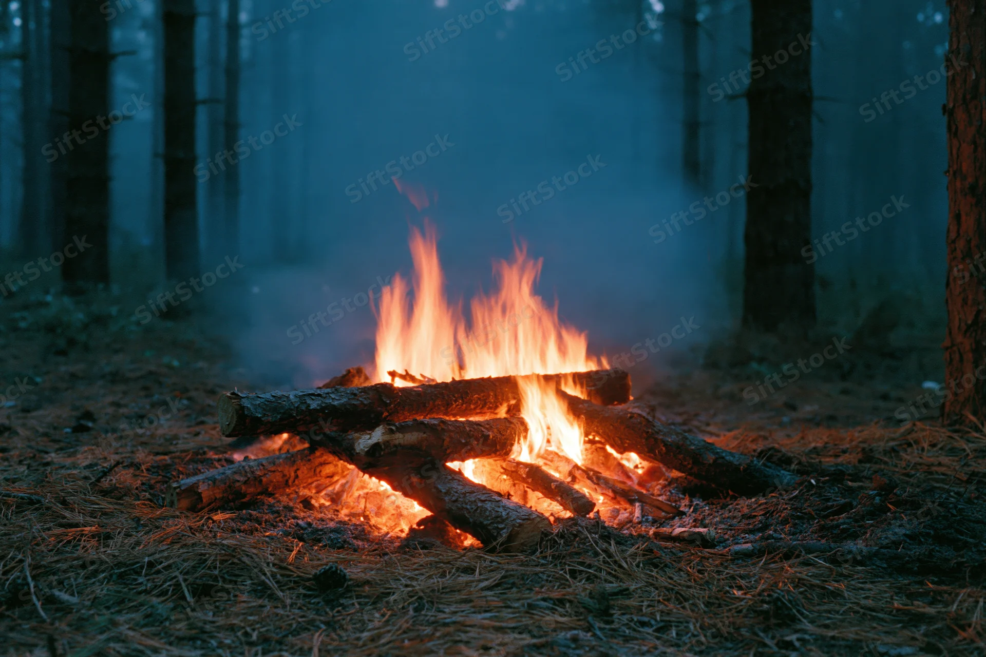 Campfire burning on forest floor with stacked logs at night