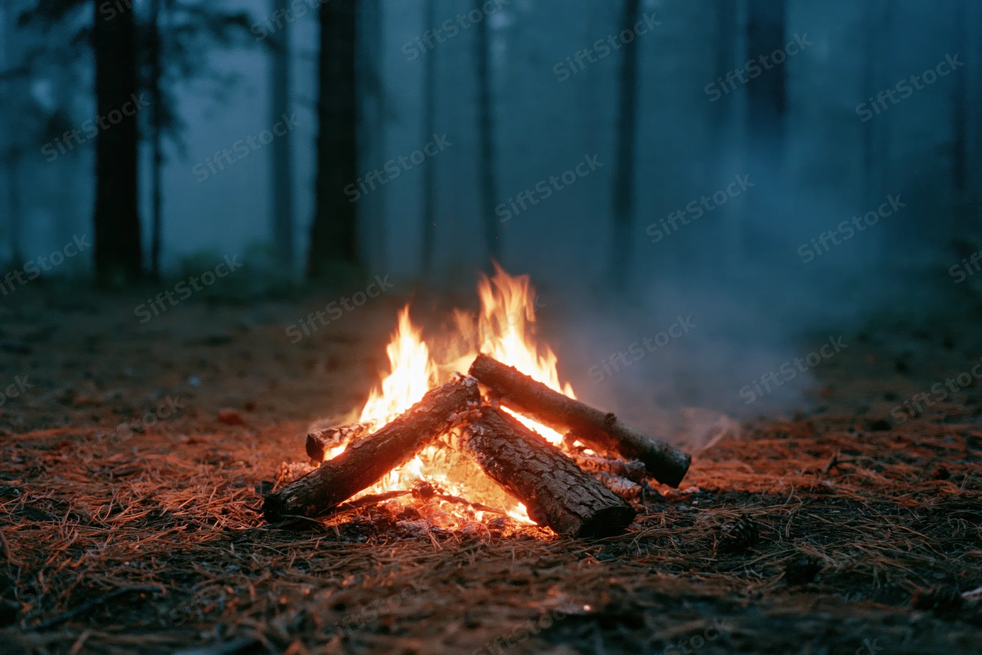 Small campfire burning on forest floor with stacked logs at night